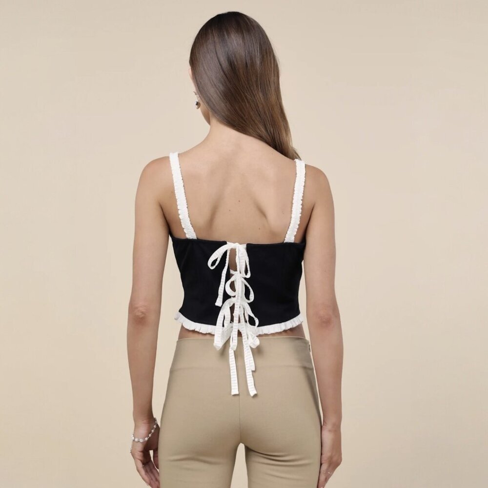 Lulus Coquette Charisma Black and White Ruffled Tie-Back Crop Top NWT - Picture 3 of 8
